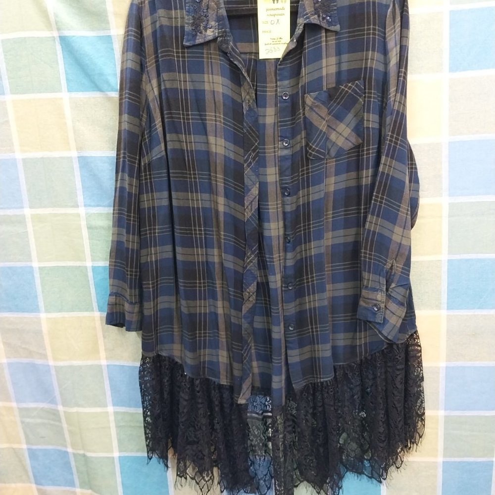 Terra & Sky Blue Plaid Button Down Shirt with Black Lace